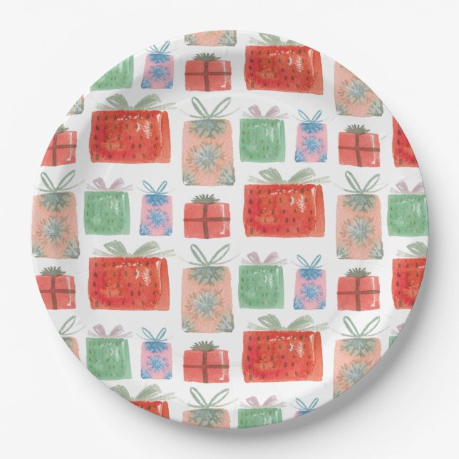 Retro Christmas Presents Illustration Paper Plates (Front)