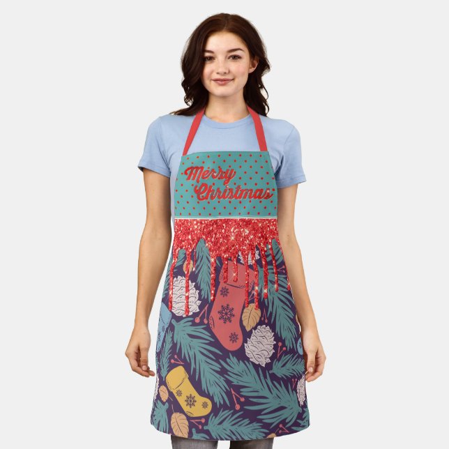 Retro Christmas Print Red Dripping & Gold Glitter Apron (Worn)