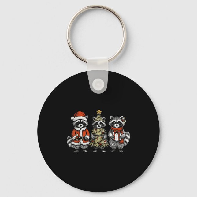 Retro Christmas Raccoons Santa Tree Costume Holida Key Ring (Front)