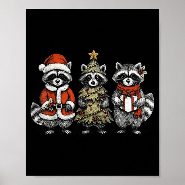 Retro Christmas Raccoons Santa Tree Costume Holida Poster (Front)