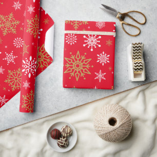 Retro Christmas Red and Gol Snow Flakes Vintage Wrapping Paper