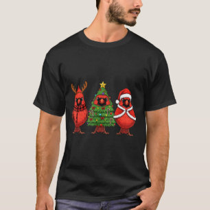 Retro Christmas Red Cardinal Bird Santa Reindeer  T-Shirt
