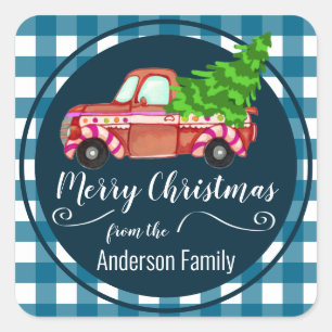 Retro Christmas Red Truck Family Name Square Sticker