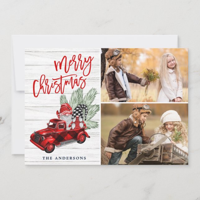 Retro Christmas Red Truck Rustic 2 PHOTO Greeting Holiday Card (Front)