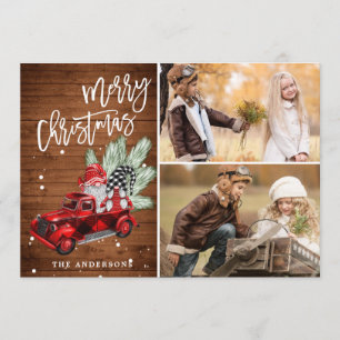 Retro Christmas Red Truck Rustic 2 PHOTO Greeting Holiday Card