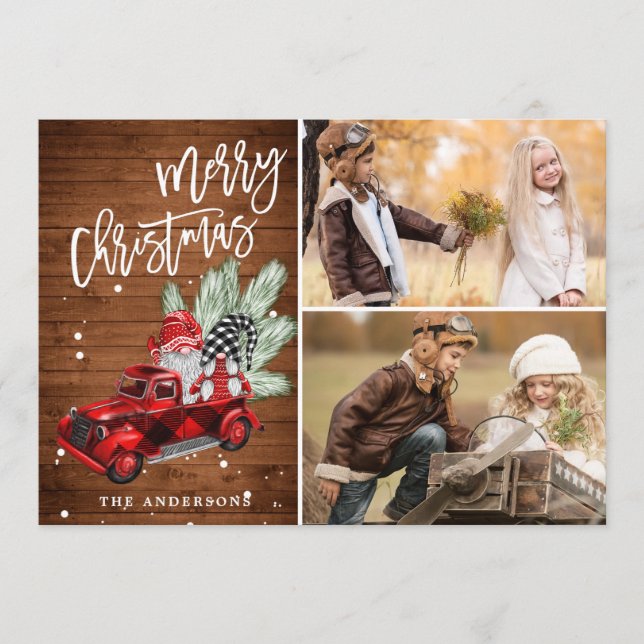 Retro Christmas Red Truck Rustic 2 PHOTO Greeting Holiday Card (Front)
