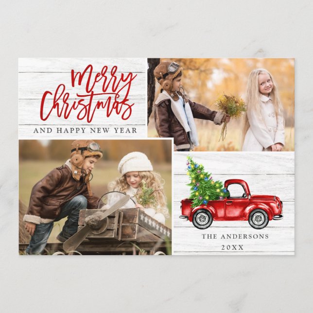 Retro Christmas Red Truck Rustic 2 PHOTO Greeting Holiday Card (Front)