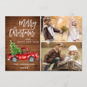 Retro Christmas Red Truck Rustic 2 PHOTO Greeting Holiday Card