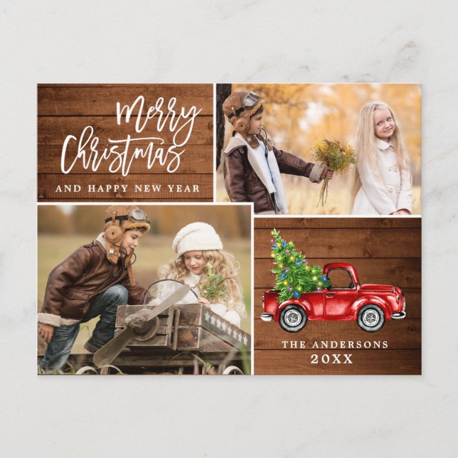 Retro Christmas Red Truck Rustic 2 PHOTO Greeting Postcard (Front)
