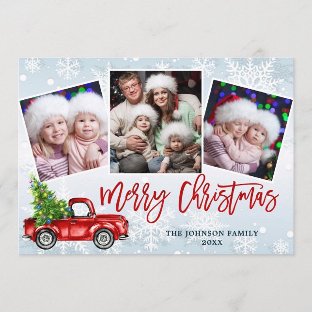 Retro Christmas Red Truck Rustic 3 PHOTO Greeting Holiday Card (Front)