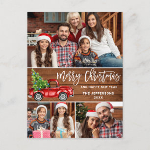 Retro Christmas Red Truck Rustic 3 PHOTO Greeting Postcard