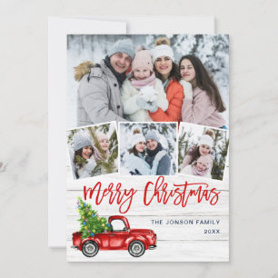 Retro Christmas Red Truck Rustic 4 PHOTO Greeting Holiday Card