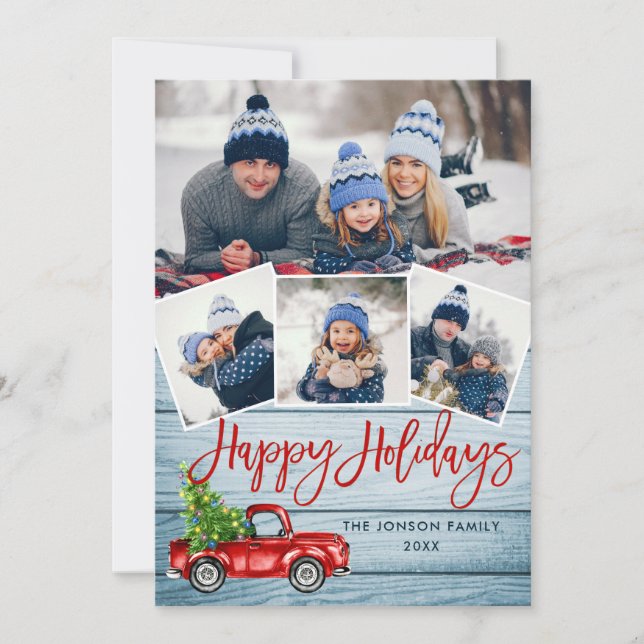 Retro Christmas Red Truck Rustic 4 PHOTO Greeting Holiday Card (Front)
