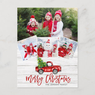 Retro Christmas Red Truck Rustic 4 PHOTO Greeting Postcard