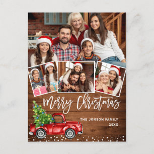 Retro Christmas Red Truck Rustic 4 PHOTO Greeting Postcard