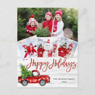 Retro Christmas Red Truck Rustic 4 PHOTO Greeting Postcard