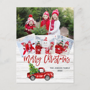 Retro Christmas Red Truck Rustic 4 PHOTO Greeting Postcard