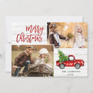 Retro Christmas Red Truck Rustic 5 PHOTO Greeting Holiday Card