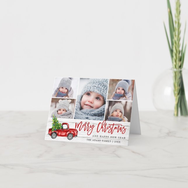 Retro Christmas Red Truck Rustic 5 PHOTO Greeting Holiday Card (Front)