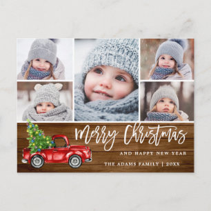 Retro Christmas Red Truck Rustic 5 PHOTO Greeting Postcard