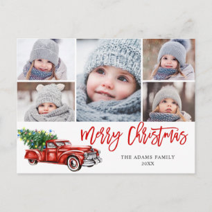 Retro Christmas Red Truck Rustic 5 PHOTO Greeting Postcard