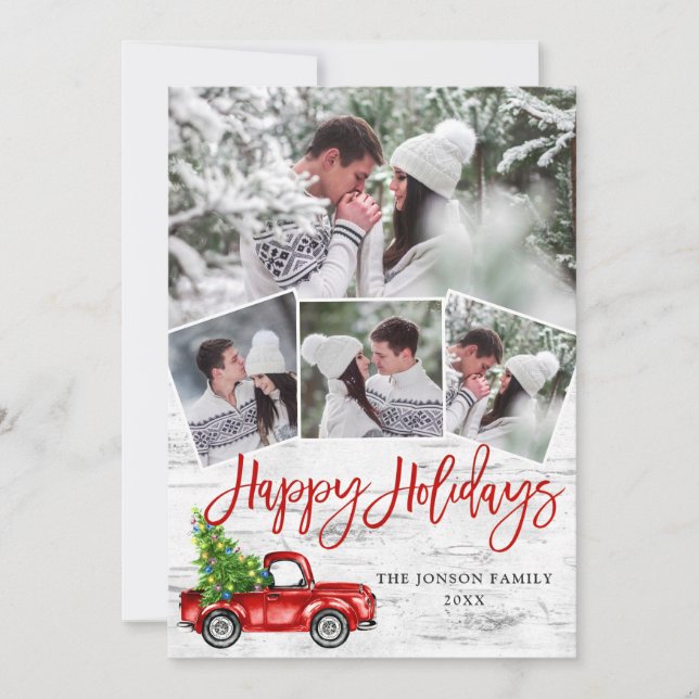 Retro Christmas Red Truck Rustic Birch Bark PHOTO Holiday Card (Front)