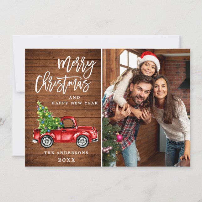 Retro Christmas Red Truck Rustic PHOTO Greeting Holiday Card (Front)