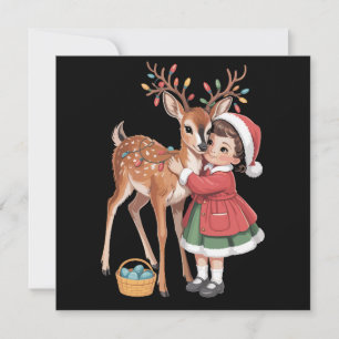 Retro Christmas Reindeer And Girlc Xmas  Holiday Card
