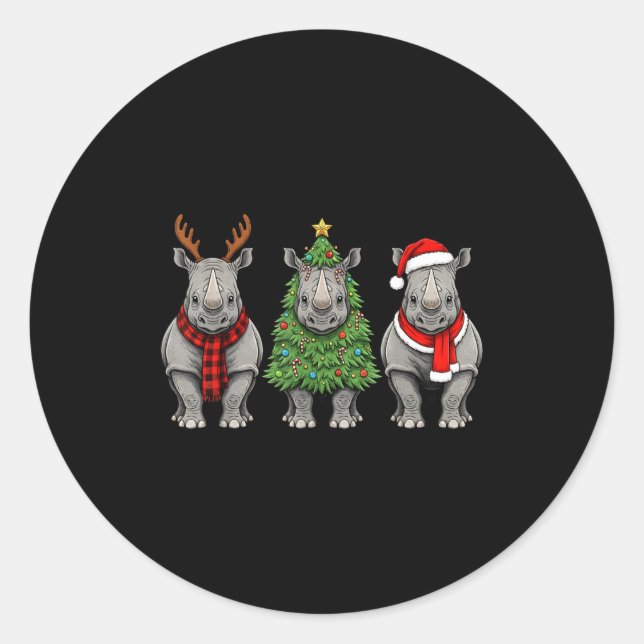 Retro Christmas Rhino Santa Reindeer Safari Animal Classic Round Sticker (Front)
