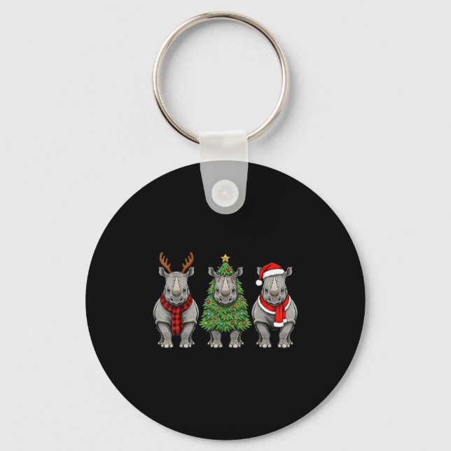 Retro Christmas Rhino Santa Reindeer Safari Animal Key Ring (Front)