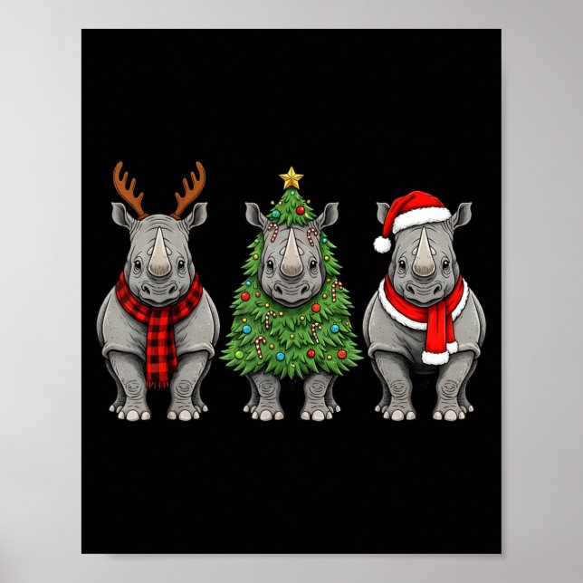 Retro Christmas Rhino Santa Reindeer Safari Animal Poster (Front)