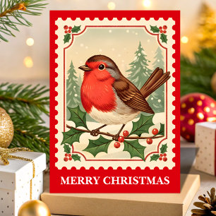 Retro Christmas Robin Postage Stamp Holiday Card