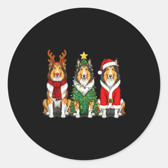 Retro Christmas Rough Collie Santa Reindeer Dog Lo Classic Round Sticker (Front)