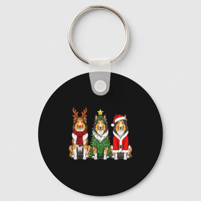 Retro Christmas Rough Collie Santa Reindeer Dog Lo Key Ring (Front)