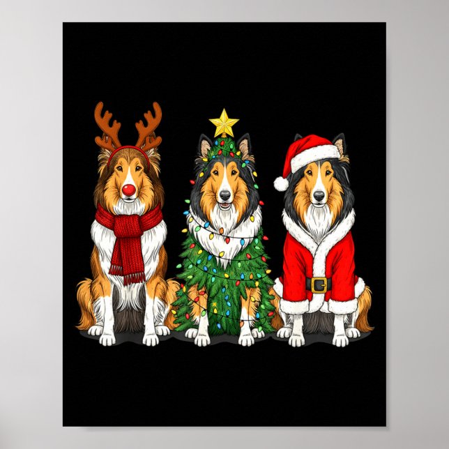 Retro Christmas Rough Collie Santa Reindeer Dog Lo Poster (Front)