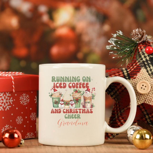 Retro Christmas running on iced coffee quote 2024 Mug (Creator Uploaded)