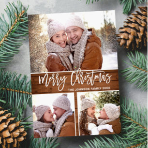 Retro Christmas Rustic 3 PHOTO Greeting Holiday Postcard
