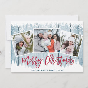 Retro Christmas Rustic Blue Wood 3 PHOTO Greeting Holiday Card