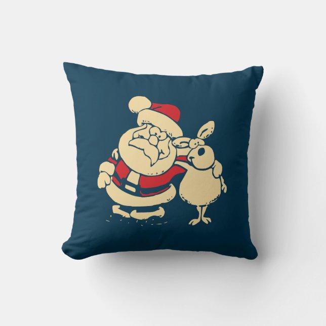 Retro Christmas Santa and his Reindeer Buddy Cushion (Front)