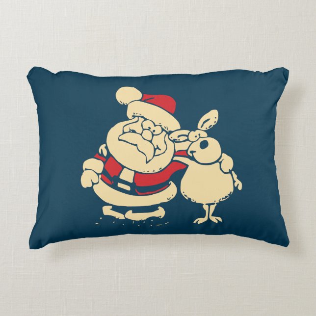 Retro Christmas Santa and his Reindeer Buddy Decorative Cushion (Front)