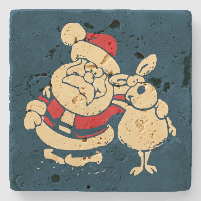 Retro Christmas Santa and his Reindeer Buddy Stone Coaster (Front)