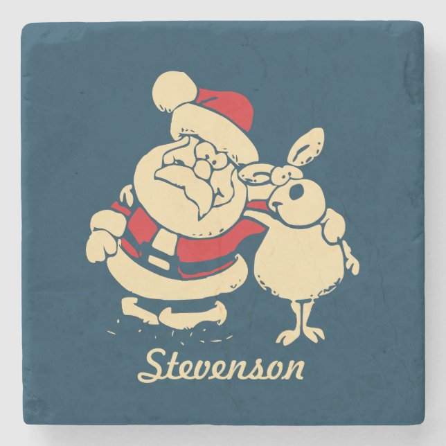 Retro Christmas Santa and his Reindeer Buddy Stone Coaster (Front)