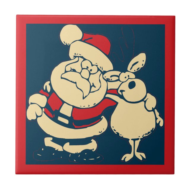 Retro Christmas Santa and his Reindeer Buddy Tile (Front)