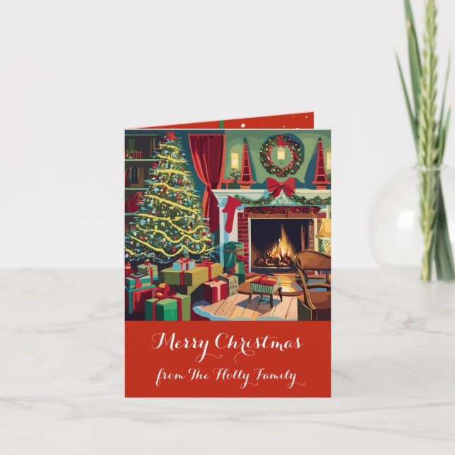 Retro Christmas Scene, Tree, Gifts, Card (Front)