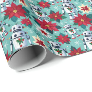 Retro Christmas Sci-Fi Robots and Poinsettias Wrapping Paper