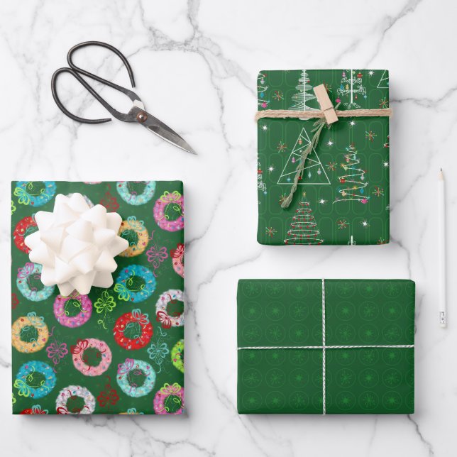 Retro Christmas Set 2 Green Christmas Wrapping Paper Sheet (Front)