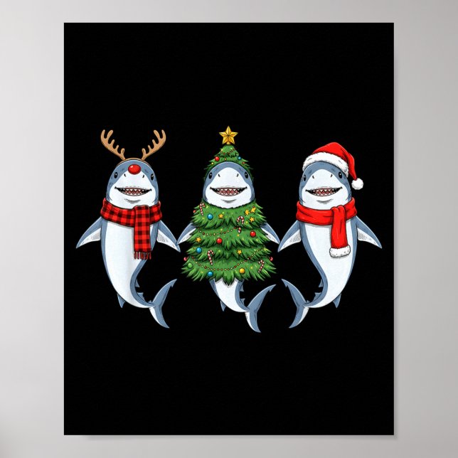 Retro Christmas Shark Santa Reindeer  Poster (Front)