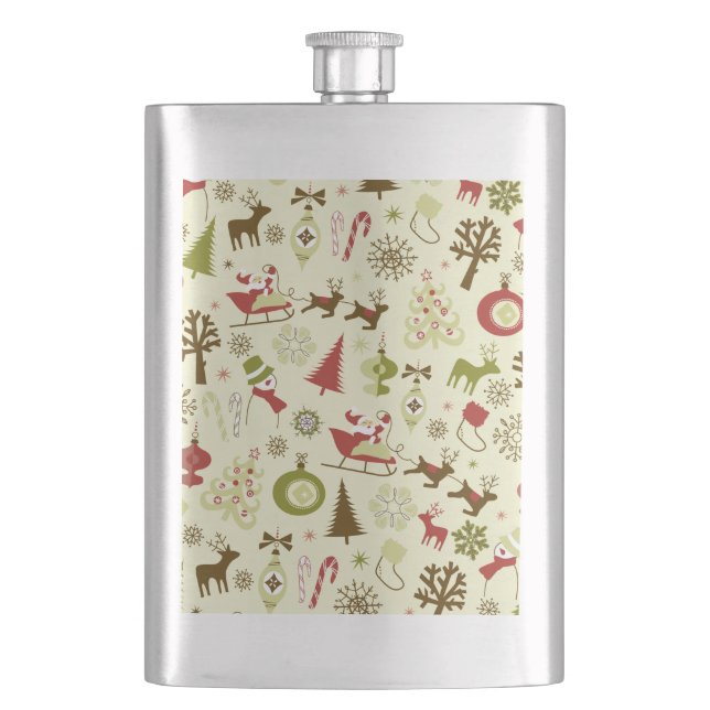 Retro Christmas Sketch Seamless Pattern Hip Flask (Front)