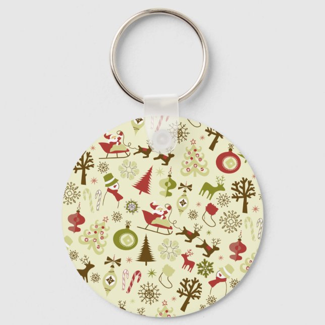 Retro Christmas Sketch Seamless Pattern Key Ring (Front)