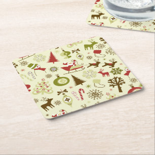 Retro Christmas Sketch Seamless Pattern Square Paper Coaster
